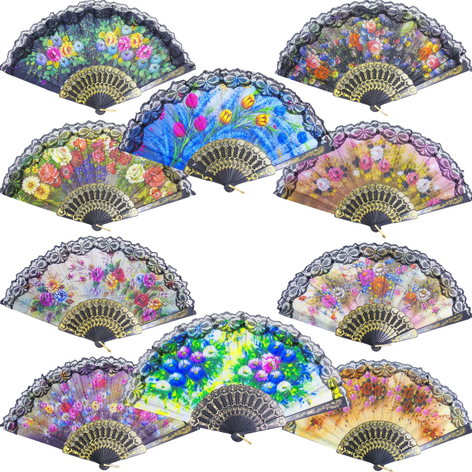 Custom Printed Vintage Personalized Plastic Spanish Lace Folding Hand Fan for Wedding and Party Decoration Customize