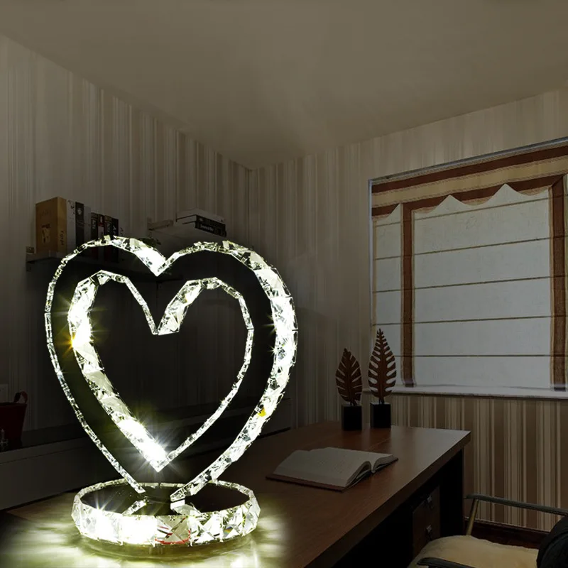 Heart-shaped table lamp simple decoration stainless steel crystal lamp bedroom table light living room LED lamp