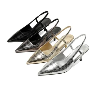 Moncheer Metallic Snake-Print Slingback Heels  Pointed Toe, Kitten Heel, Elegant Dress Shoes for Women