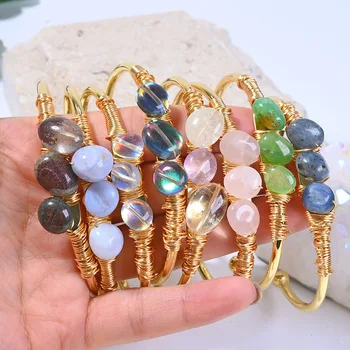 New Design Gold Brass Wire Bangle Wrapped Jewelry Natural Crystal Quartz Amethyst Labradorite Cuff Bracelet