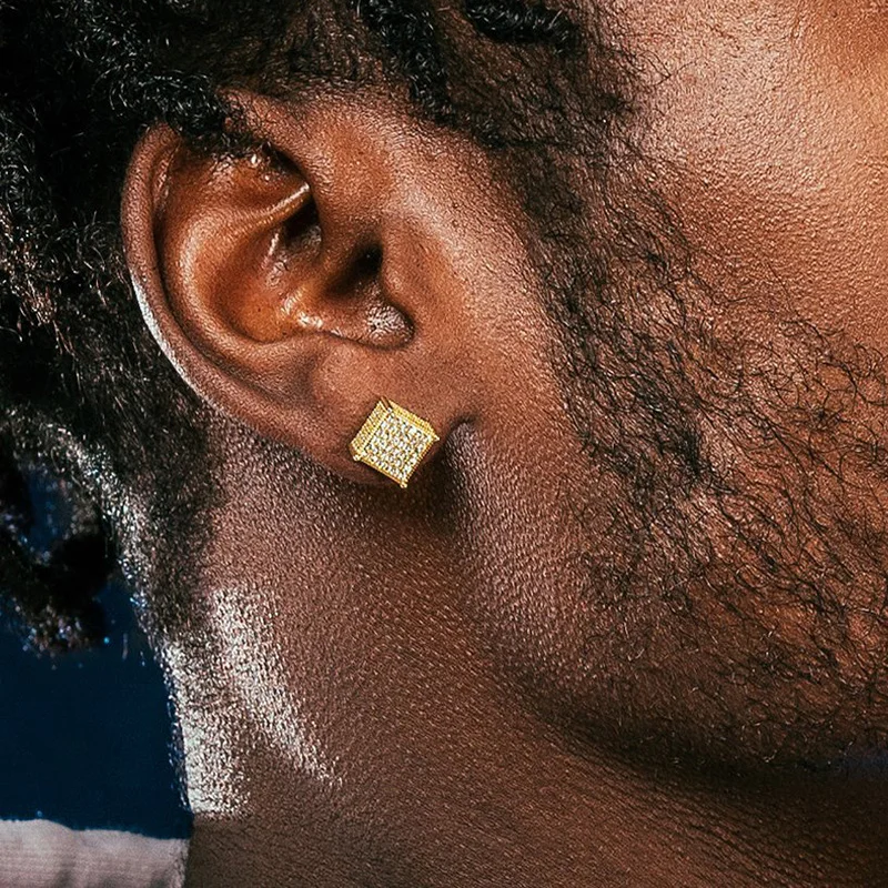 Luxury Men Stud Earrings Homme Hip Hop Rock Gold Color Bling Iced Out AAA+  Zircon Screw Ear Piercings Fashion Jewelry