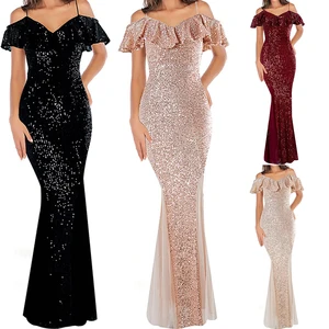 New Design Women Sequin Tulle Evening Party Dress Strap Ruffle Formal Maxi Long Dress Prom Gown