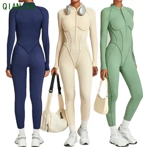 Summer Women's Half Zipper Design Long Sleeved Gym Fitness Training Yoga Jumpsuit Solid Color High Elasticity Fitness Jumpsuit