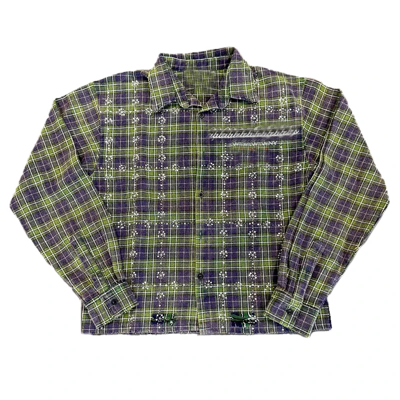 トップス VINTAGE CUSTOM FLANNEL SHIRTS Custom Distressed Vintage Rhinestone Plaid Flannel Shirt for Men