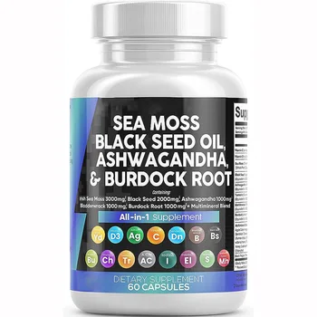 Private Label Ashwagandha Turmeric Bladderwrack Iodine Chlorophyll ACV Sea Moss Black Seed Oil Capsules