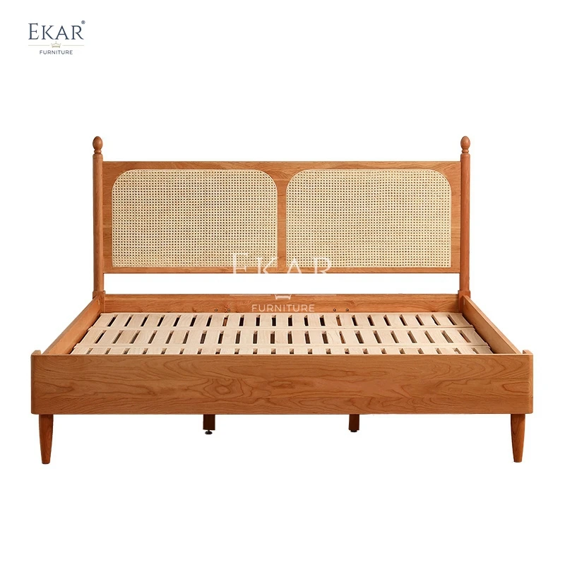 New design modern cherry wood rattan double bed