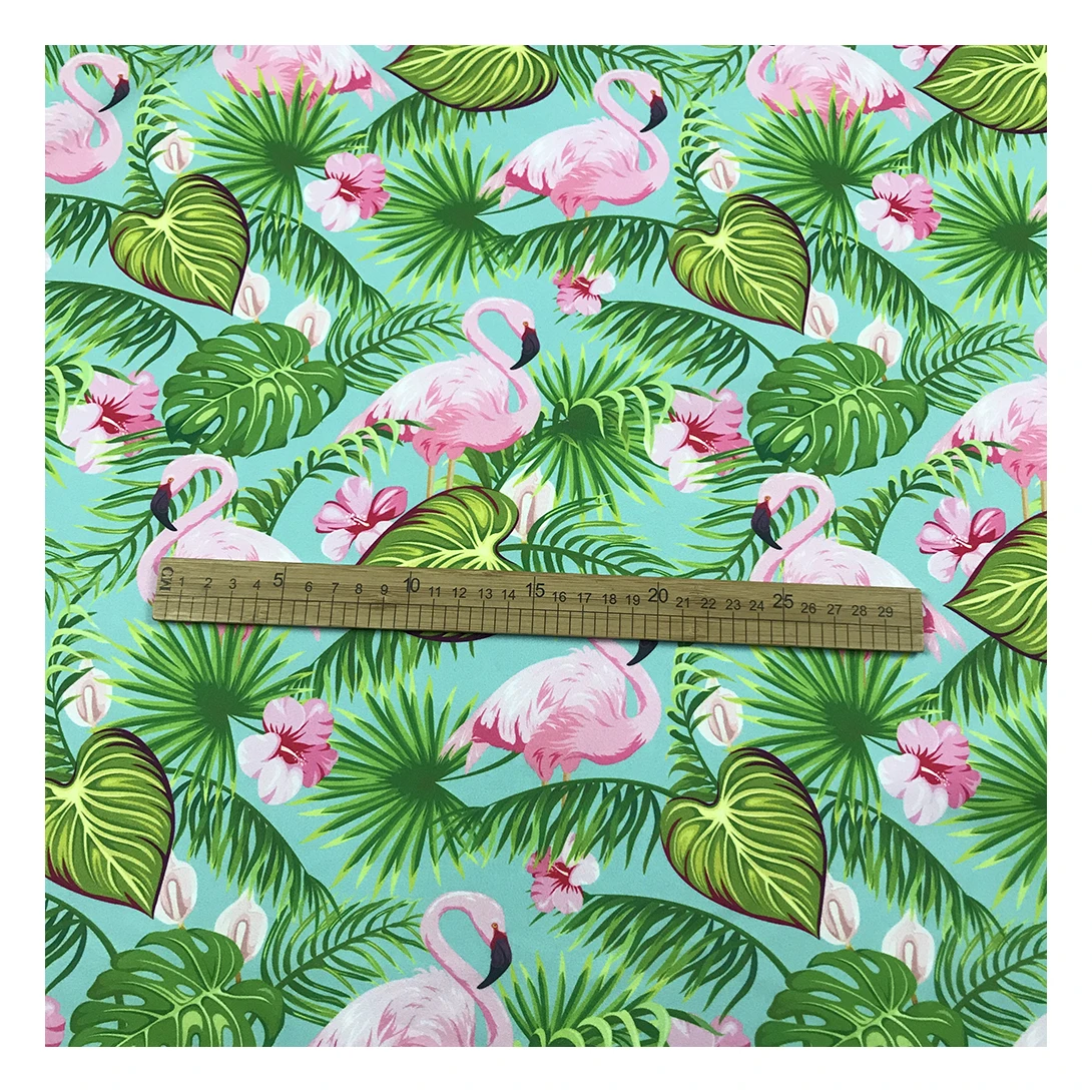 Фабричный магазин, тропический фламинго, дизайн, цифровая печать, 100% полиэстер, персиковая кожа, печатная ткань для пляжных шорт, одежда