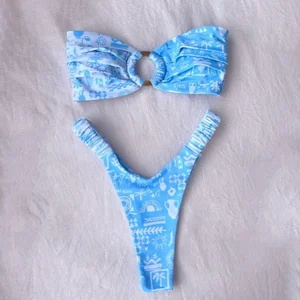 Hot Selling Floral Striped Split Bandeau Bikini Set Breast Pads Comfortable Seamless Spandex/Nylon High Quality 2-Piece Bikini