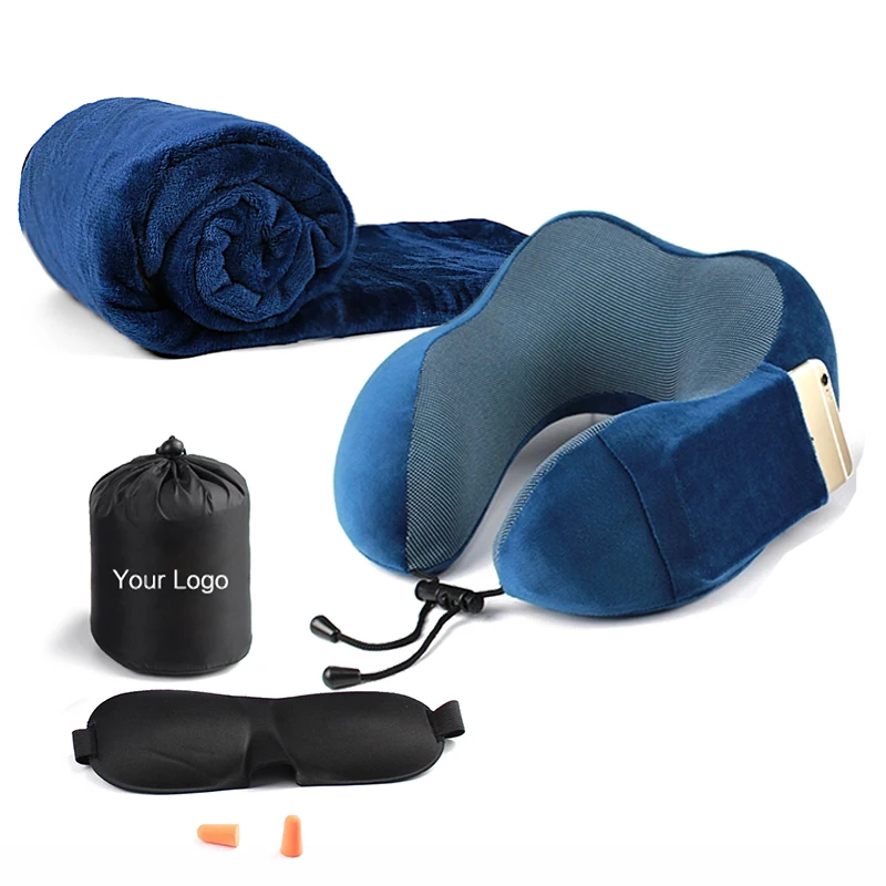 New Set Cheap Price 4 in 1 Eyes Mask ear Plug Traveling U Shape Neck Pillow & Support Washable Flannel Travel Blanket//