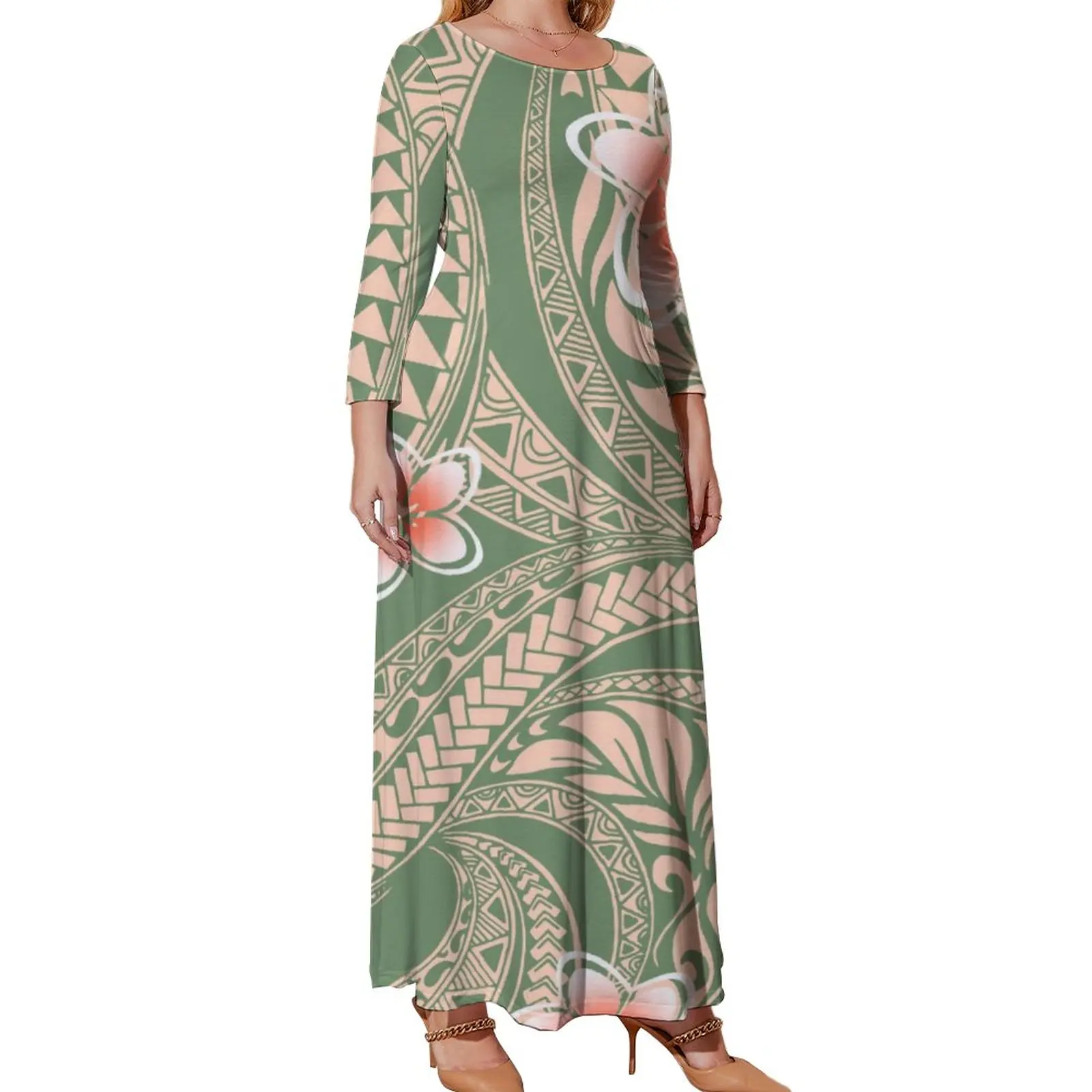 Red Tapa Tradition Print Fall Long Sleeve Crewneck Fashion Dress For