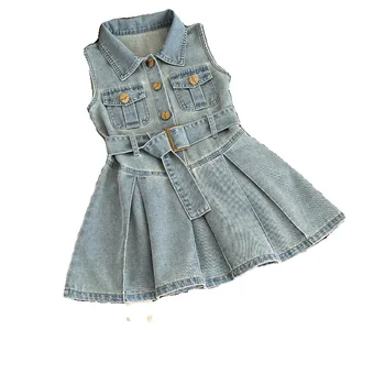 2024 summer new fashion baby dresses girl sleeveless denim skirt lapel waist vest stylish baby girls princess dress