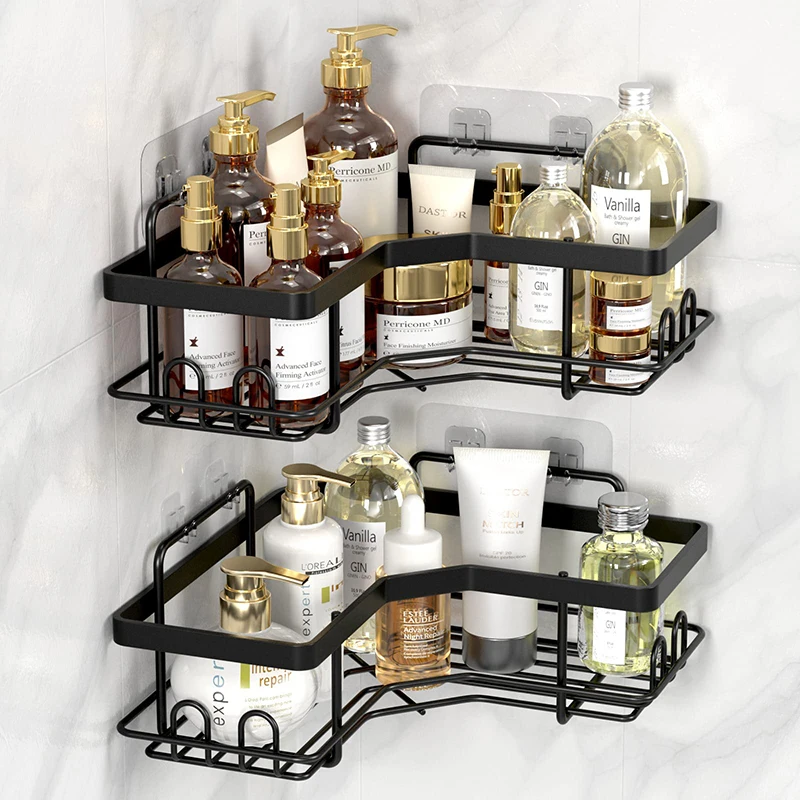 WIREKING No Drilling 2 Pack Adhesive Corner Shower Caddy Bathroom Accessories Shower Caddies With Soap Holder Storage Rack