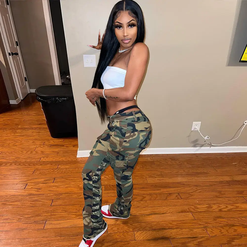 Y2k Street Stretchable Woman Trousers Knitted Camouflage Pants Ladies Cargo Pants Women