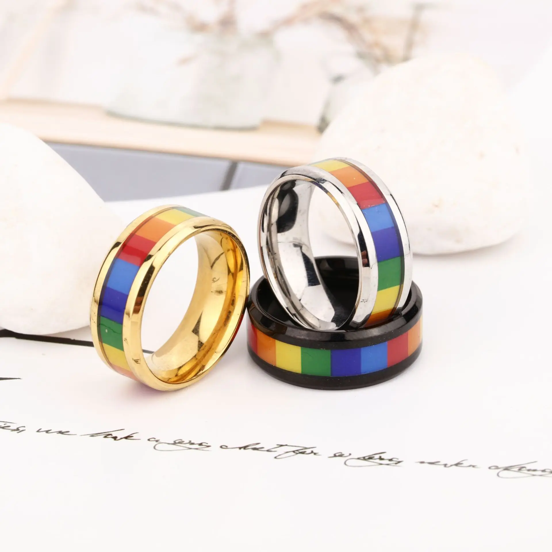 8mm Stainless Steel Enamel Rainbow Lgbt Pride Ring For Lesbian And Gay Lgbtq Pride Wedding 3044