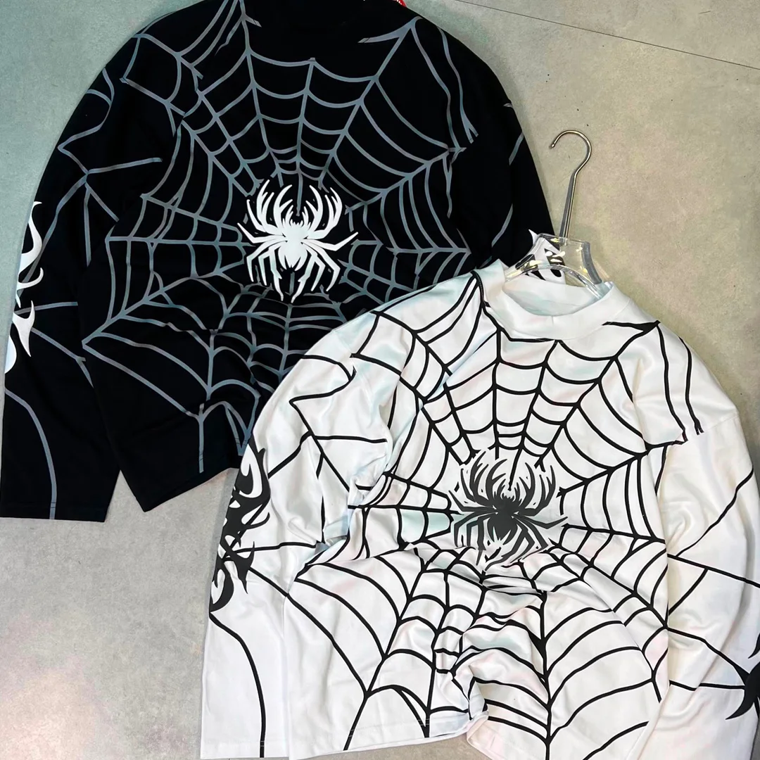 Aangepaste mans 100% katoen straatklere spinneweb DTG-druk langmou-T-hemp, oorskiet informele bopstuk vir groothandel, 300 gram