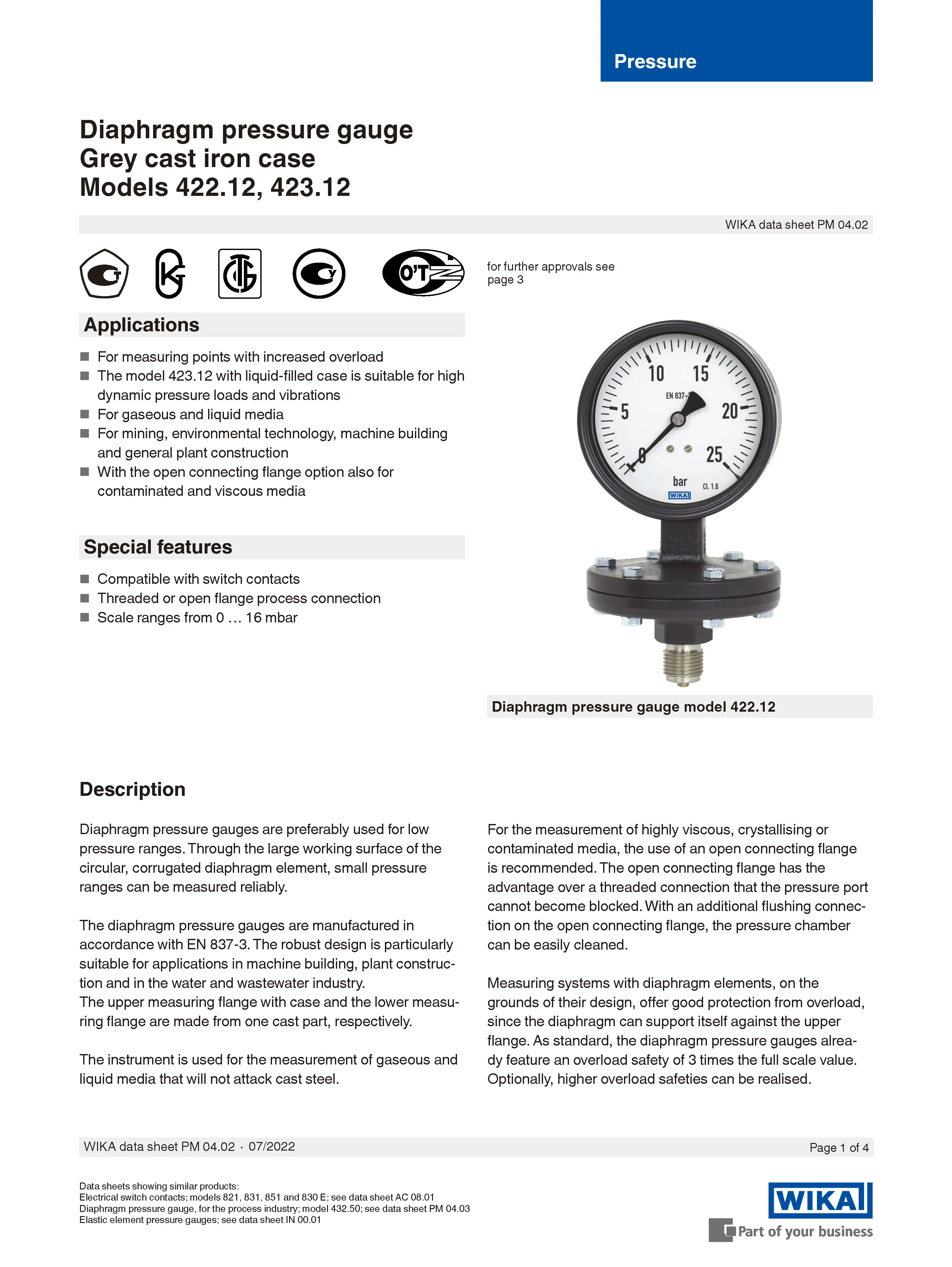 Wika Diaphragm Pressure Gauge - Liquid Filled & Stainless Steel