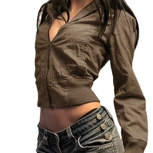 Customized Women's Vintage Zipper Brown High Neck Slim Casual Jacket