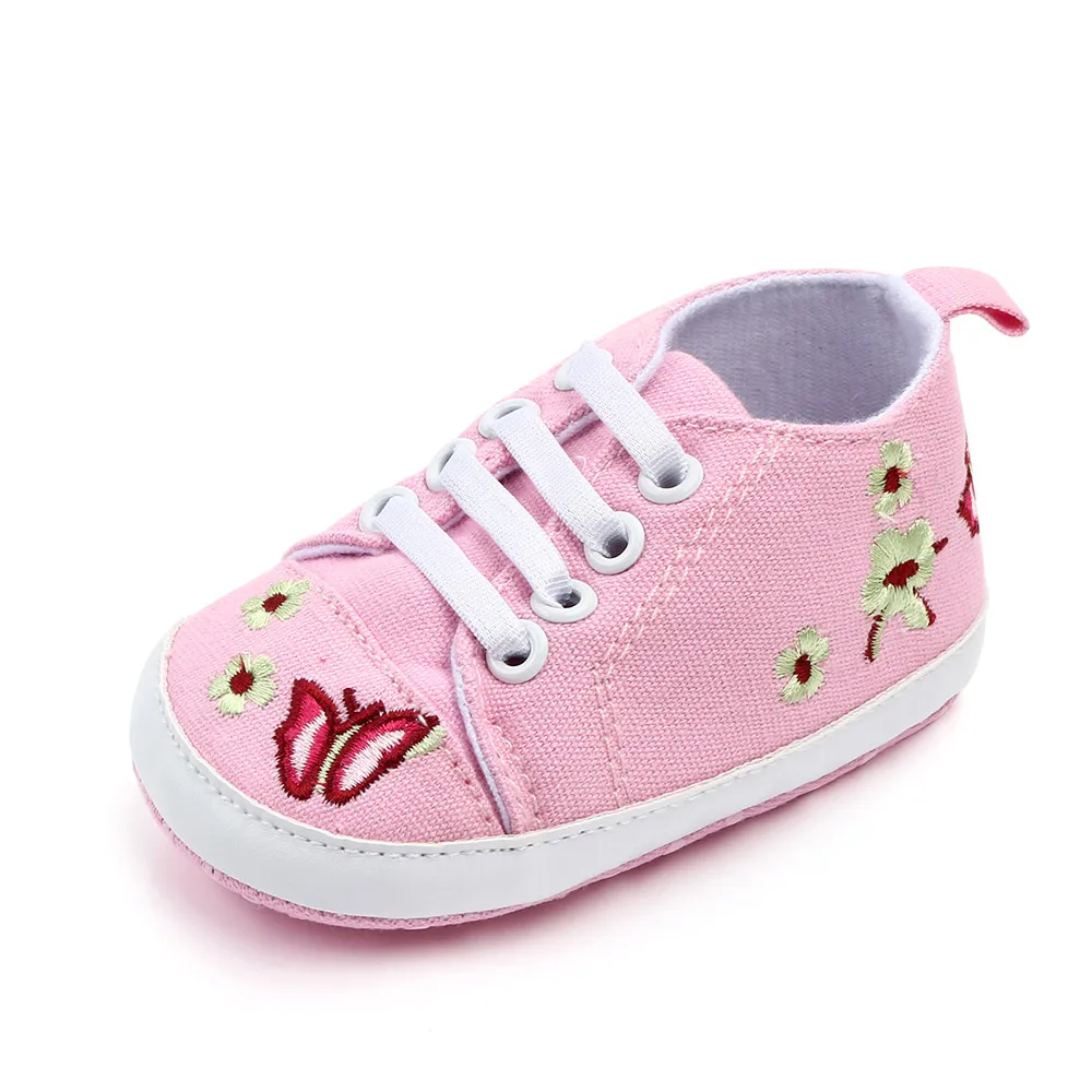 Infants Solid Color Embroidered butterfly Elastic Soft Soled Baby Canvas Walking Shoes factory