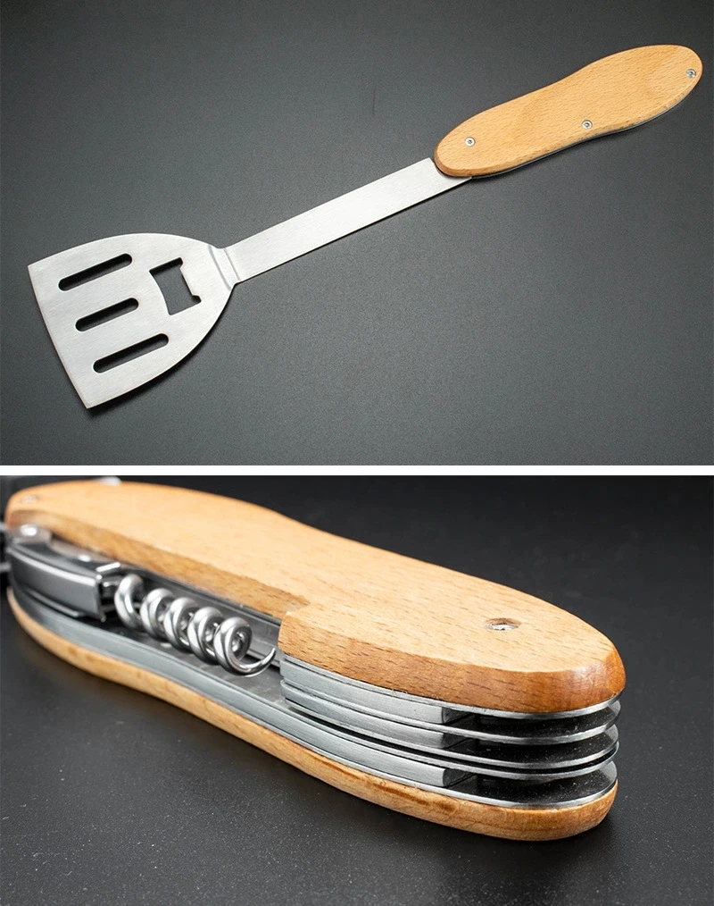 Stainless Steel 5 In 1 Multifunction Bbq Tool Wooden Handle Portable