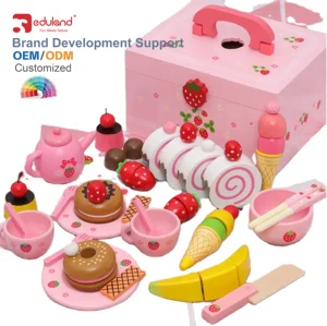 EDULAND Portable Inside Montessori Materials Strawberry Donut Party Girls Pretend Play House Wooden Dessert Cutting Kitchen Toys