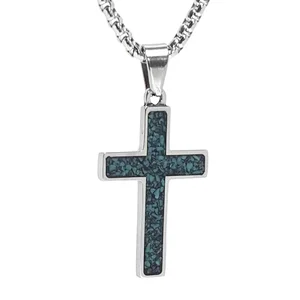 Stainless Steel Cross Pendant Necklace With Crushed Turquoise Gemstone Inlay Religious for Men and Women Wholesale Customizable