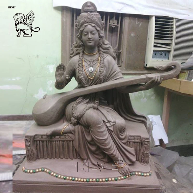 BLVE Outdoor Garden Handcarved Hindu Goddess Sitting Lotus White Marble Saraswati Statue for India