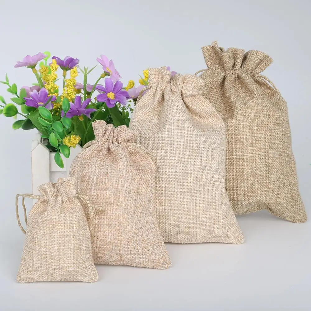Custom Logo Linen Gift Bags Packing Jewelry Drawstring Pouch Linen Gift Storage Pouches Dust Bag