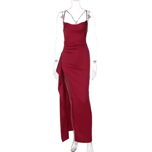 2026 Summer New Arrival: Sexy Back Strappy Slit Evening Gown, Solid Color Camisole Dress