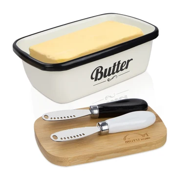 1 Set Of Enamel Butter Tray Set, With 1 Bamboo Lid And 2 Ceramic Handle Butter Knife, Kitchen Storage Items, Kitchen Utensils