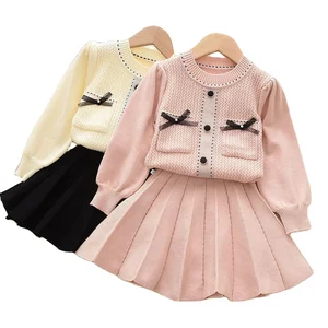 Girls Sweater Suit 2022 Autumn Winter New Long Sleeved Bow Pullover Knitted Pleated Skirt Little Girl 2PCS Outfits Kids Clothes