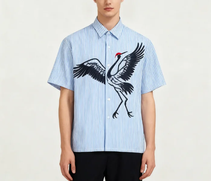 Custom Men's Striped Boxy Fit Summer Shirts 100% Cotton ODM Anti-Shrink Anti-Pilling Breathable Features Screen Printed Logo