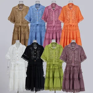 2026 French Retro Floral Embroidered Lace Hollow Women's Summer Casual Smart Lady 2 Piece Shorts Set Knee Canvas Anti-Pilling