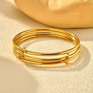 Simple Classic Style Full-light Three-layer Ring Buckle Stackable Bracelet Stainless Steel Fashion Bangles