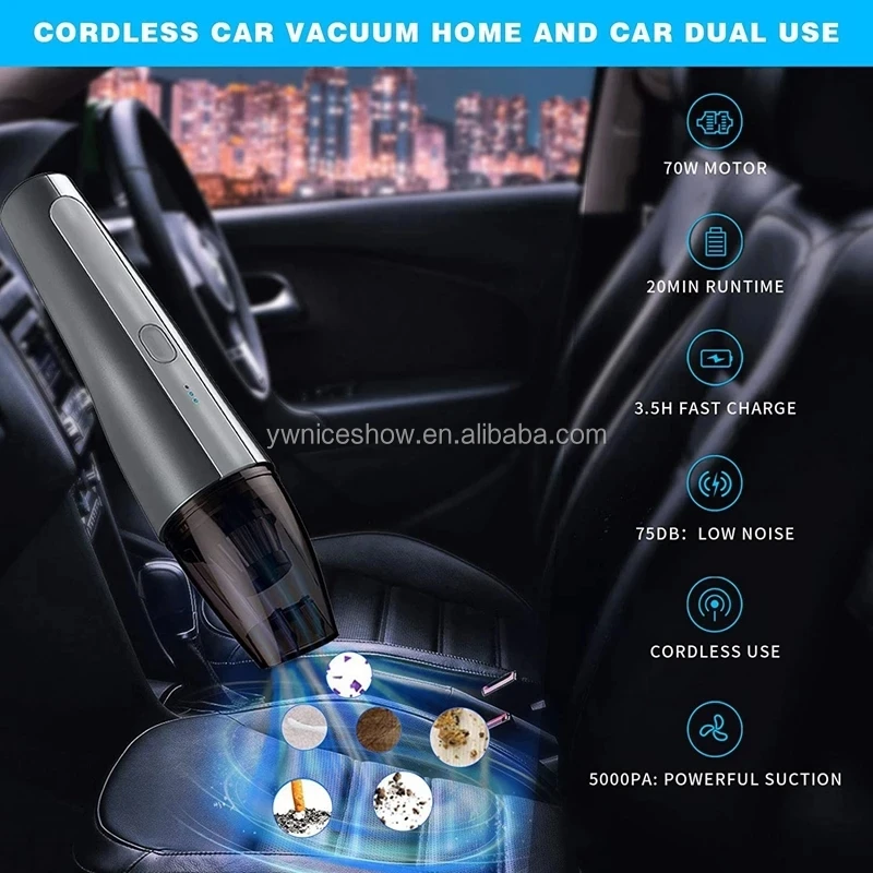 Portable Mini Handheld Cordless Auto Vacuum USB Rechargeable Lightweight Cleaner for Car/Home/Office Cleaning High Power Strong Suction Absorbing Pressure 5000pa with LED Light Car Vacuum Cleaner 