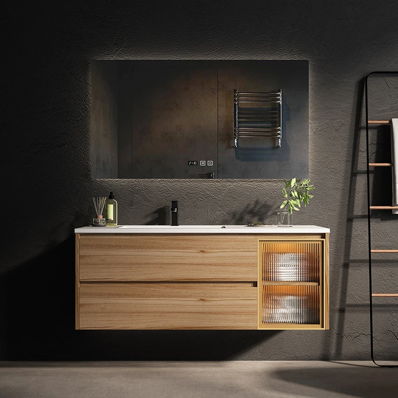 OEM Nordic Modern Log Color Round Mirror Bathroom Vanity Combination Washstand Solid Wood Bathroom Cabinet With Sink
