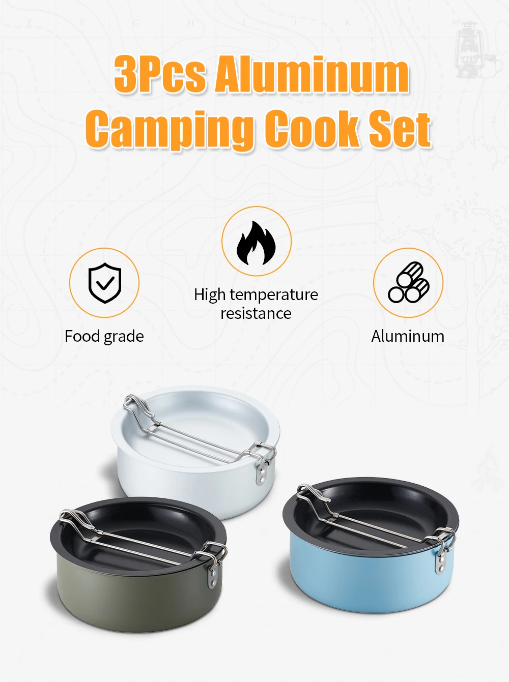 Lightweight 3Pcs Painted Aluminum Portable camping cooking kit picnic camping cookware non stick manufacture