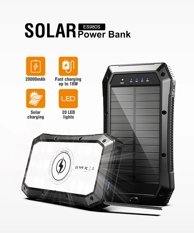 Power Bank Solare 20000 MAh Con Ricarica Wireless, 3 Porte USB, Torcia LED E Bussola – Per Campeggio E Emergenze