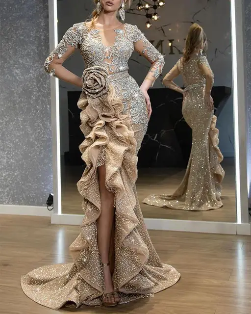 2022 clothing sexy temperament sprinkle gold trailing dresses new gowns for women evening long sleeve dress - Image 3