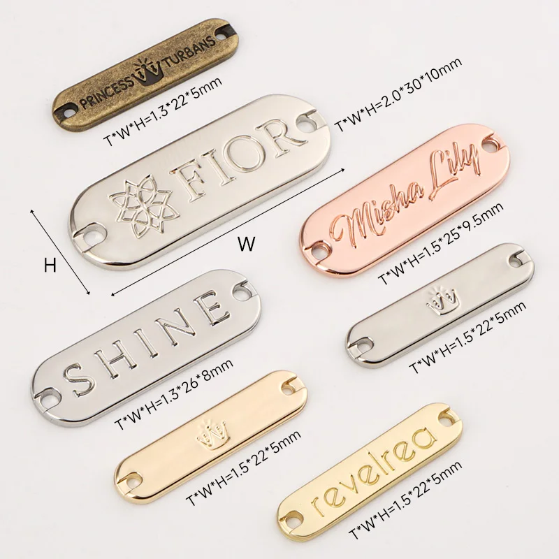 Design Brand Logo Engraved Metal Label Tag Gold Bag Garment Sewing Hole Logo Metal Clothing Label Custom Metal Tags for Swimwear