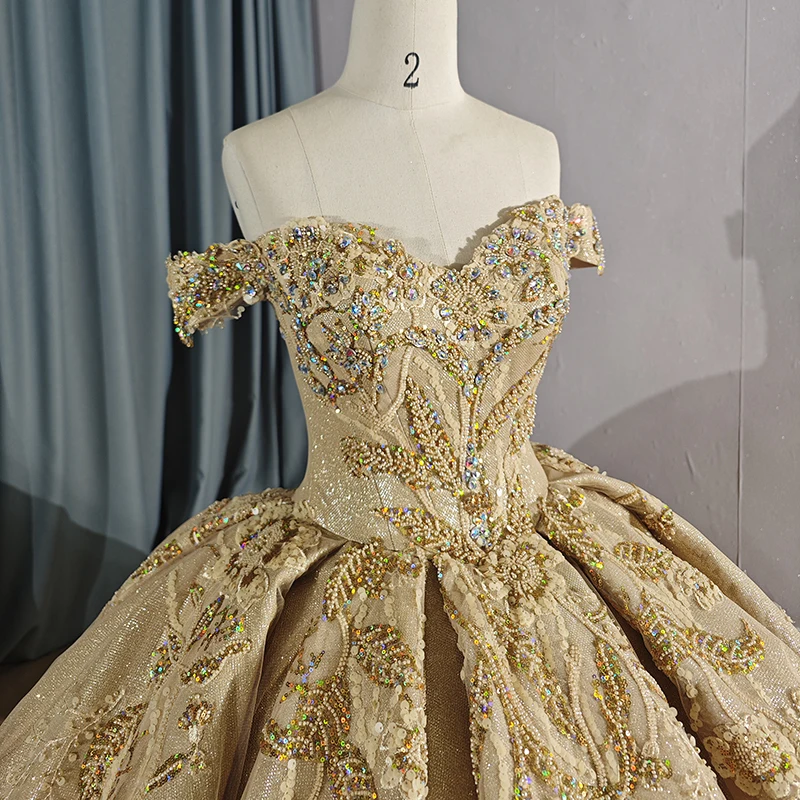 Sparkly Gold Lace Dress - Cap Sleeve Ball Gown Prom Dress
