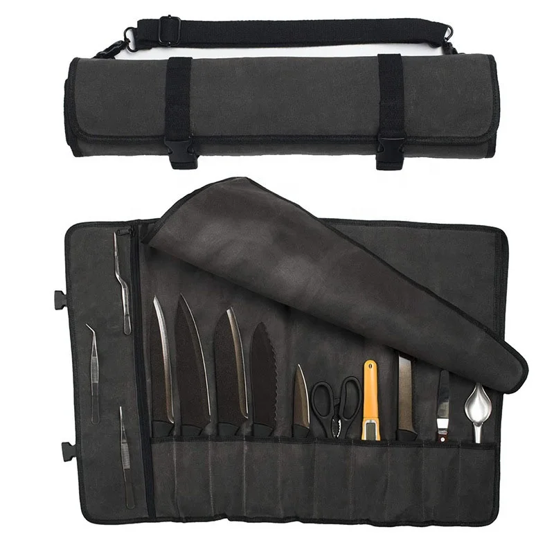 Custom Foldable Waxed Canvas Butcher Chef Knife Tool Roll Bag Heavy