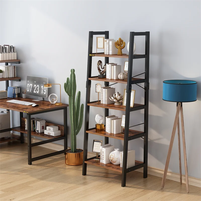 YQ Forever Furniture Modern Design Wood and Black Metal Living Room Decorative Storage Rack Bookcase Bookshelves Cabinet