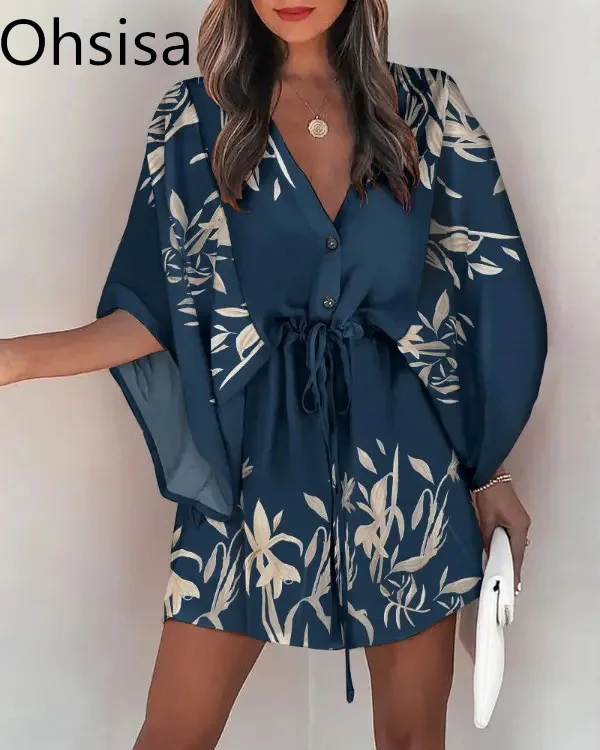 2022 Women Lady Summer Flare Sleeve Floral Printed Loose Short Dresses New Fashion V-Neck Casual Women's Vacation Beach Dress 2022 Women Lady Summer Flare Sleeve Floral Printed Loose Short Dresses New Fashion V-Neck Casual Women's Vacation Beach Dress