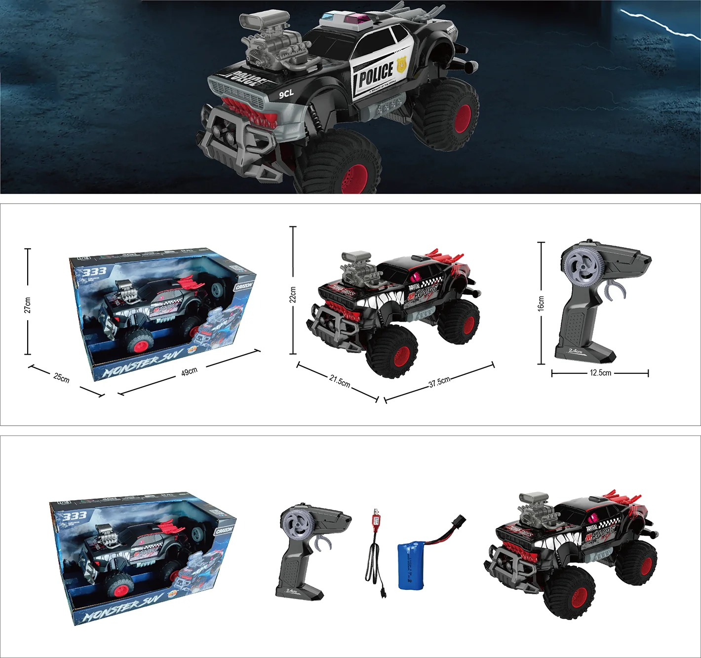 2.4 GHz 1:14 Scale 2024 Giant Truck Streamer Light 3 Modes Flashing Remote Control Toy Cars RC Customizable Neon LED 10KM/H