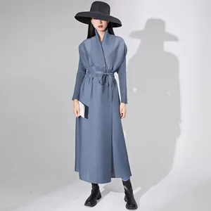 2025 New Fashion Miyake Women's Pleated Design Long Windbreaker Jacket Waist Tie Lapel Women's Coats Abaya and Jackets Robe