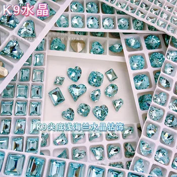 K9 Crystal Diamond Nail Rhinestones Light Blue Pointed Bottom Love Heart shaped Glass Stones Nail Ornament Decorations Swarovski