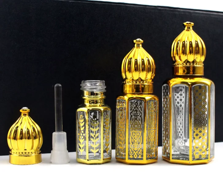 Empty square 3ml 6ml 9ml 12ml Luxury Electroplating Gold Crown Cap Roll on Glass Perfume Attar Bottles with Stick