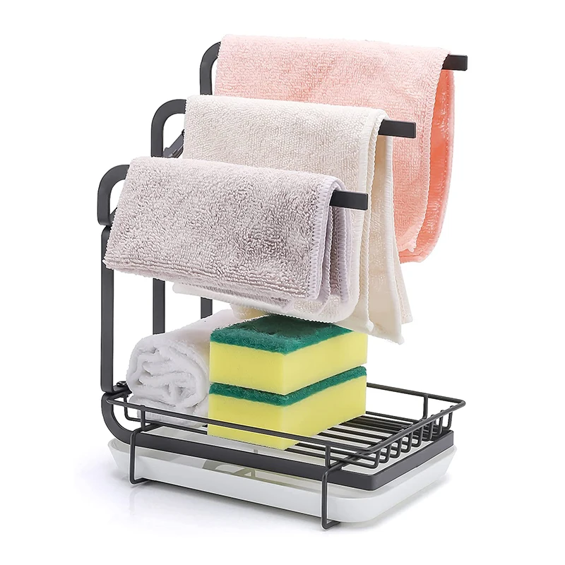 Kitchen Sink Organizer,Sponge Holder with Towel Rack Drain Pan for