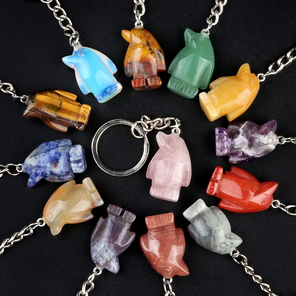Crystal Stone Penguin Figurines Keychain Natural Gemstone Carved Animal Reiki Healing Stones Crafts Key Ring for Women Girl Gift