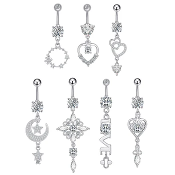 10Pcs/Set Surgical Steel Belly Rings Letter Heart-Shaped Zircon Dangle Assemblage High Quality Navel Ring Belly Button Wholesale